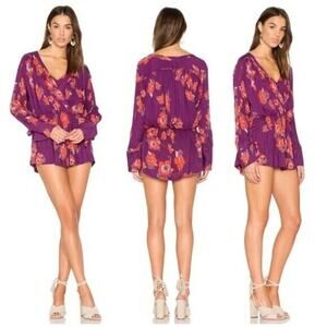 Free People Tuscan Dreams Tunic Plum Floral Mini Dress Surplice Top Size M